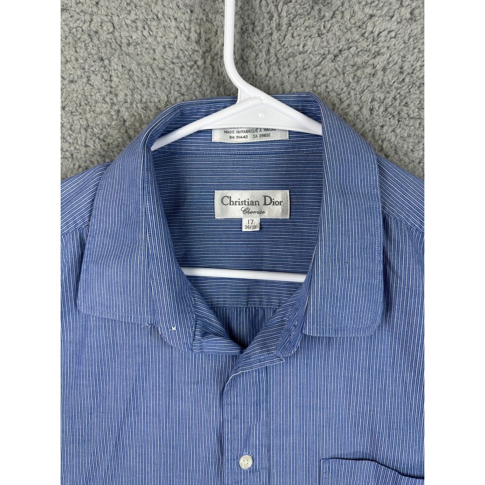 Christian Dior Dress Shirt Men 17 34-35 Blue Striped Button Front